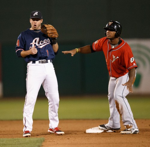 Both Reno Aces Outfield MIKE FREEMAN (1) and El Paso Chihuahuas Left Field RYMER LIRIANO (28) react to the umpire's call on the close play at second base